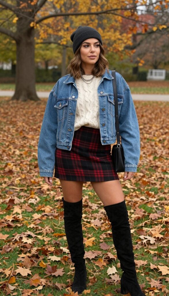 2. Denim Jacket with Plaid Mini Skirt and Thigh-High Boots