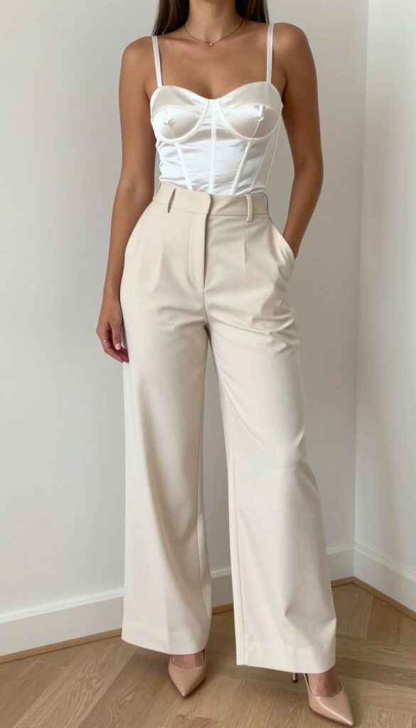 Woman in white satin corset top over sheer ivory blouse, high-waisted wide-leg cream trousers, and nude pointed-toe heels, standing in bright airy room.
