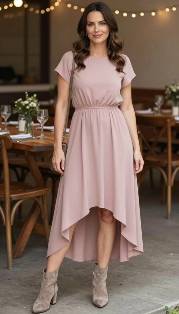 Woman in dusty rose high-low dress with taupe ankle boots at rustic outdoor wedding reception