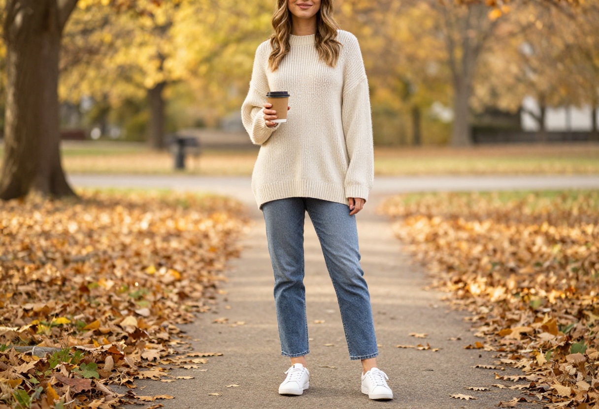 Woman in oversized cream sweater and straight-leg jeans standing on leaf-covered sidewalk in autumn park