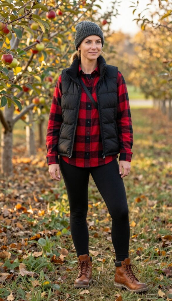 4. Puffer Vest + Flannel Shirt + Leggings + Hiking Boots