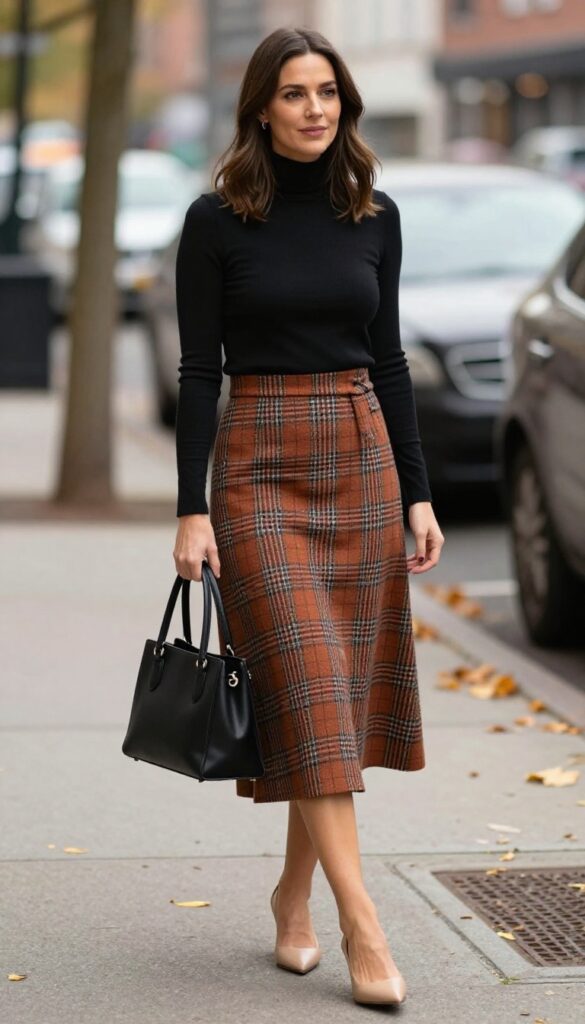 5. Wrap Midi Skirt with Fitted Turtleneck and Heeled Mules