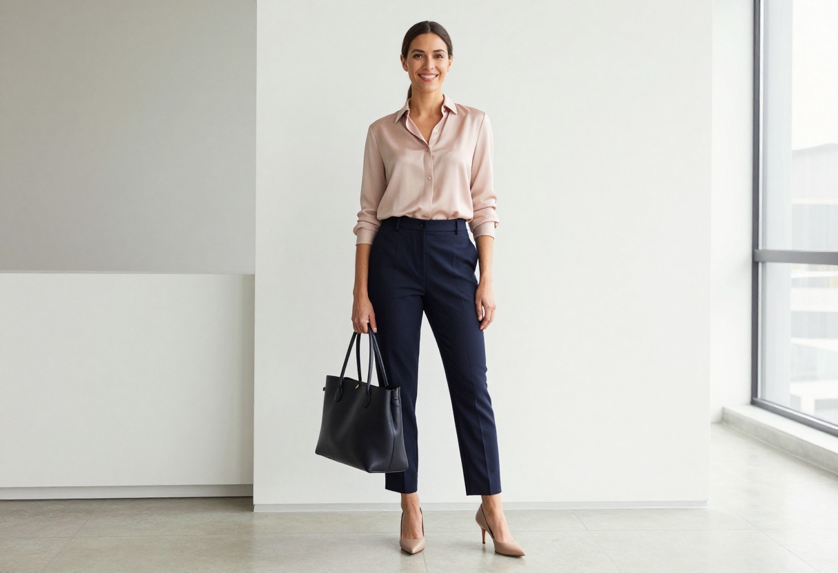 Woman in navy pantsuit with blush blouse standing in office lobby