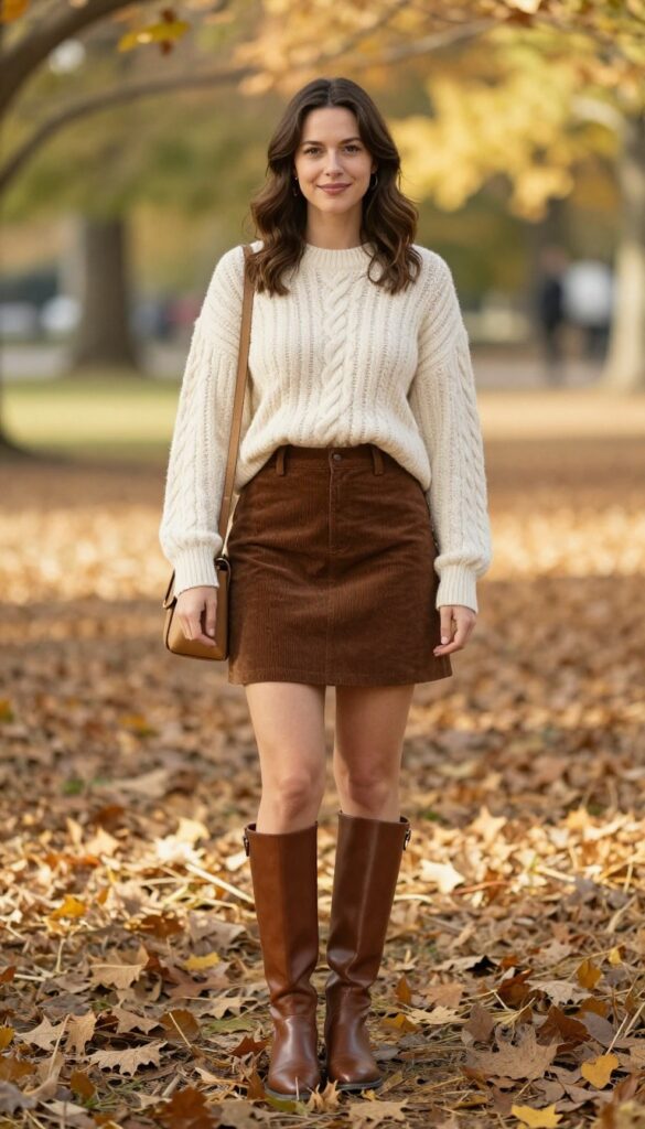 12. Cable Knit Sweater and Corduroy Skirt