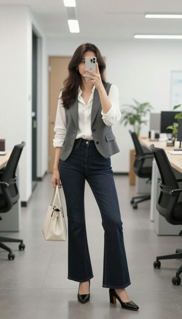 13. Vest Blazer + Flared Jeans + Heels