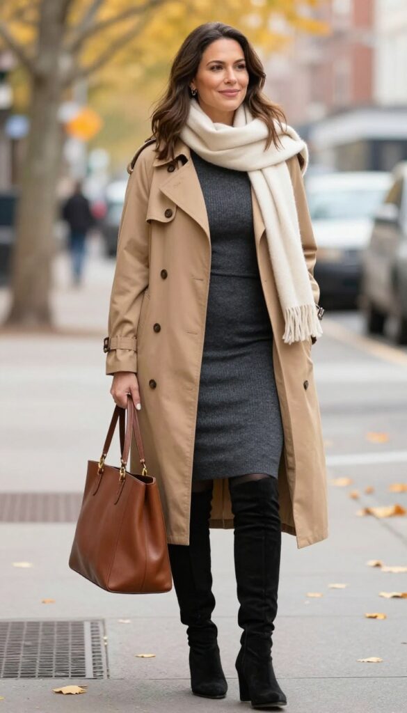 10. Trench Coat over a Knit Dress with Tall Boots