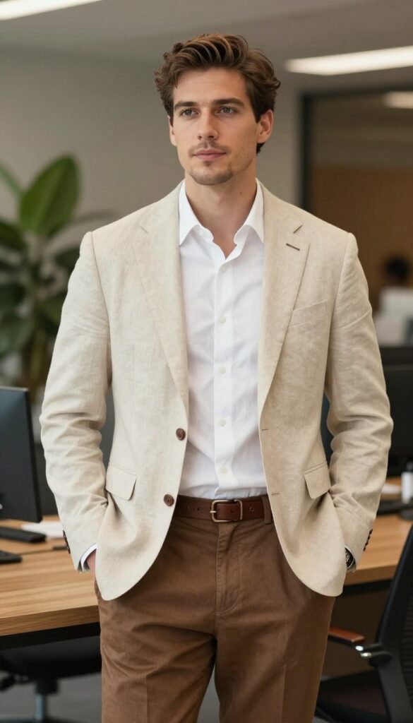 11. Linen Suit in Beige with a White Linen Shirt