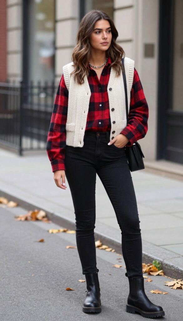 9. Grunge Layering: Plaid Shirt, Knit Vest, Black Denim, and Chelsea Boots