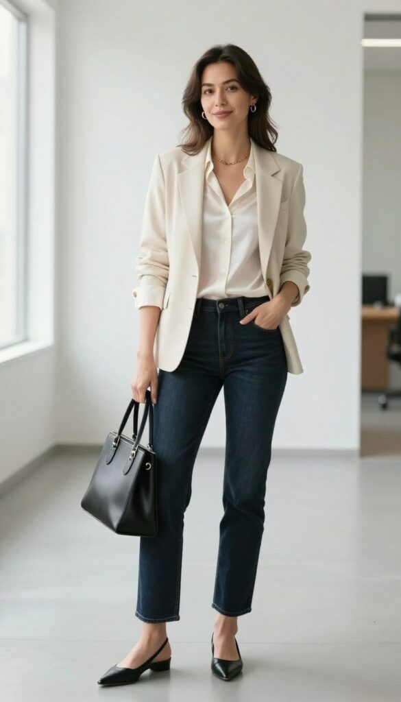 3. The Silk Blouse + Straight-Leg Jeans