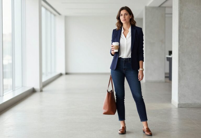 Woman in blazer and jeans standing in office hallway with coffee and tote bag