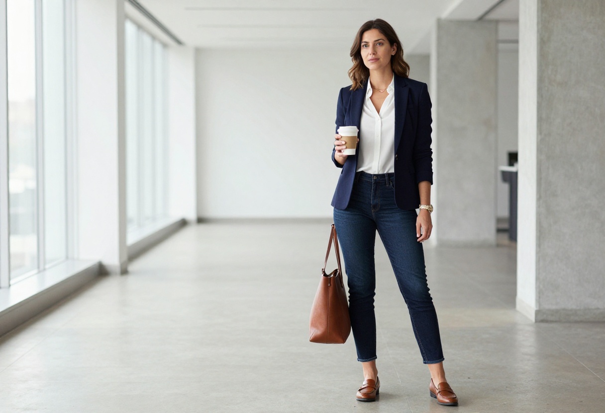 Woman in blazer and jeans standing in office hallway with coffee and tote bag