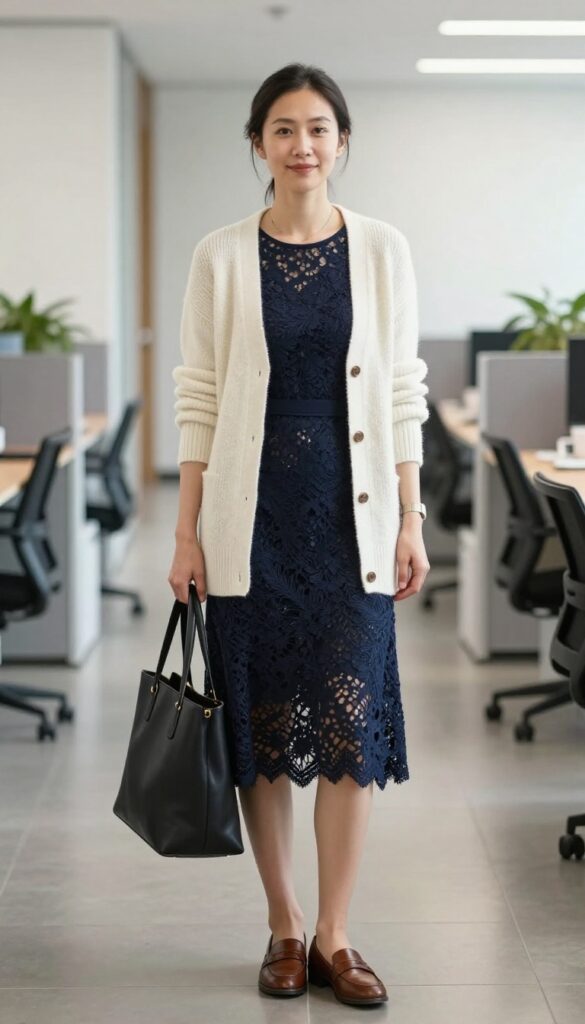 11. The Lace Dress with a Cardigan and Loafers