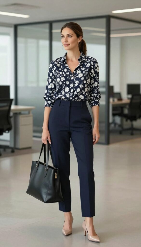 9. Patterned Blouse with Solid Trousers