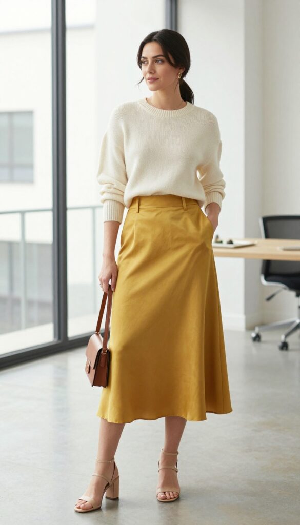 7. High-Waisted Midi Skirt + Cropped Sweater + Heeled Sandals