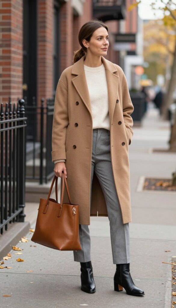 13. Camel Coat + Gray Trousers + Cashmere Sweater + Ankle Boots
