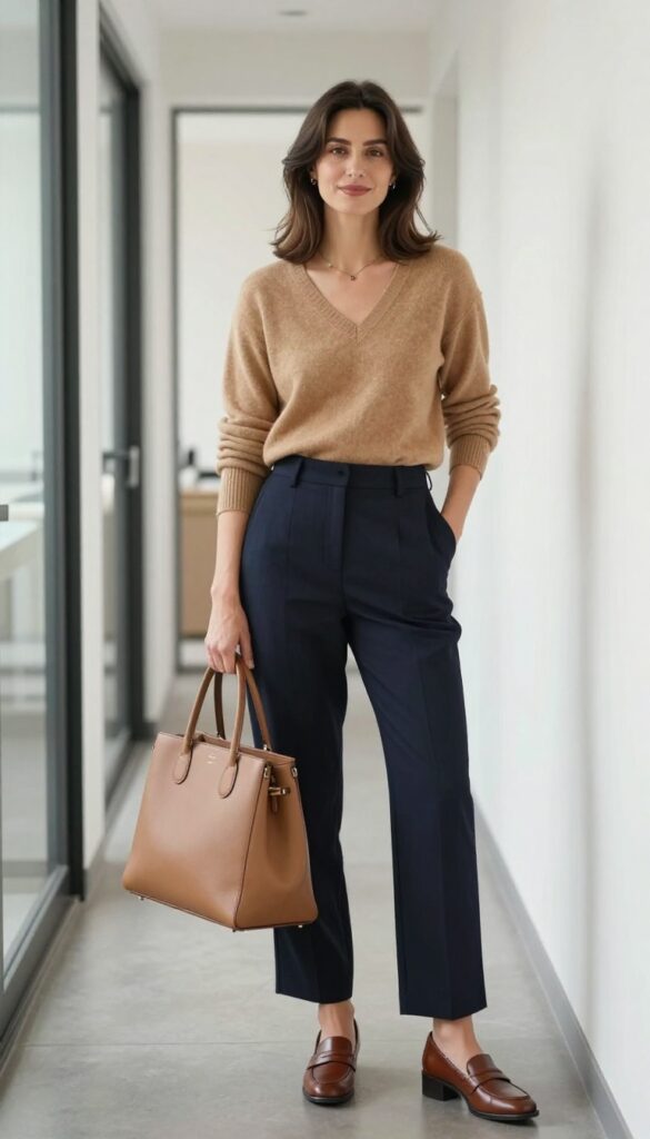 11. V-Neck Sweater and Wide-Leg Trousers