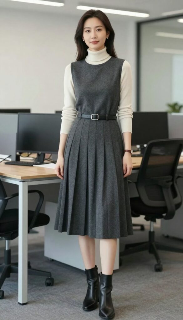 15. The Pleated Midi Dress with a Turtleneck Top