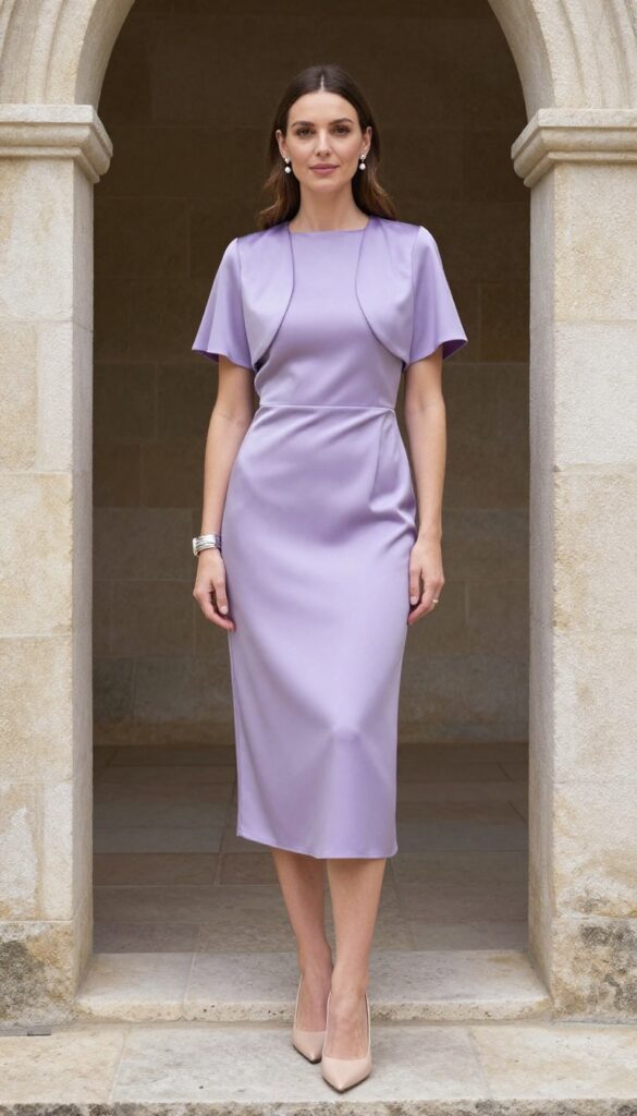 Young woman in lavender satin tea-length dress and bolero jacket standing in stone chapel doorway, nude heels, silver wristlet, soft natural light.