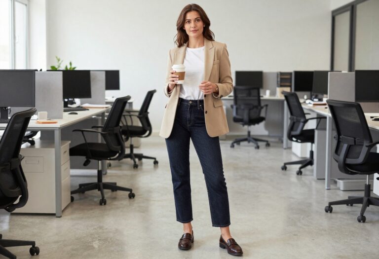 Woman in dark wash jeans, beige blazer, and loafers standing in a modern office