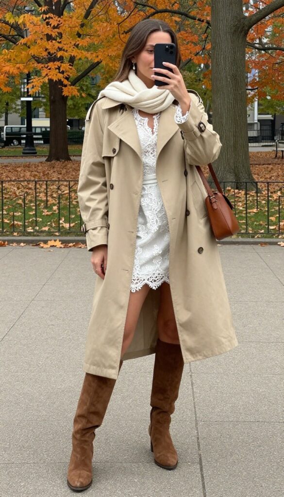 Woman in lacy wedding dress with sleeves, beige trench coat, suede knee-high boots, cream scarf, and brown crossbody bag in autumn park.