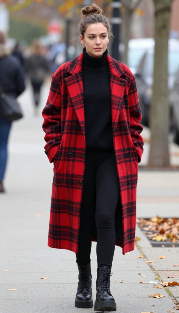 10. Plaid Coat with All-Black Outfit and Platform Boots