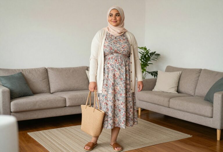 Plus size hijabi woman in floral midi dress and cardigan, modest chic outfit