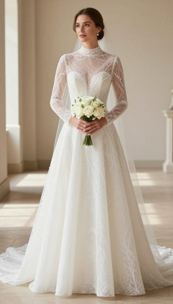 Bride in illusion yoke high neck long sleeve wedding dress with beading, A-line skirt, holding white rose bouquet in church aisle