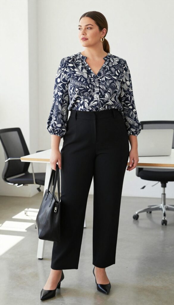 15. Printed Blouse + Black Pants
