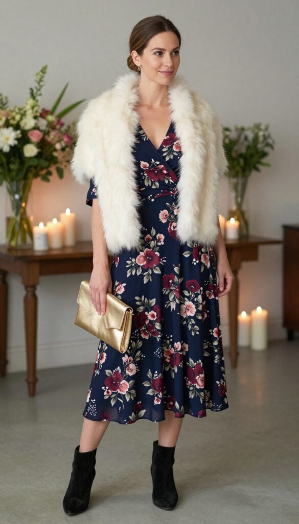 11. Luxe Layering with a Floral Dress and Faux Fur Stole