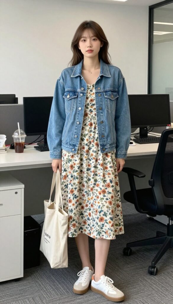 5. Denim Jacket + Floral Dress + White Sneakers