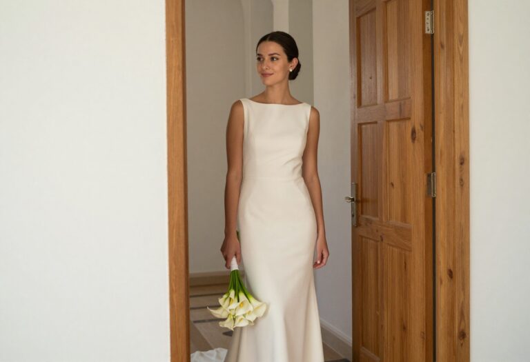 Woman in straight wedding dress standing in chapel doorway with bouquet