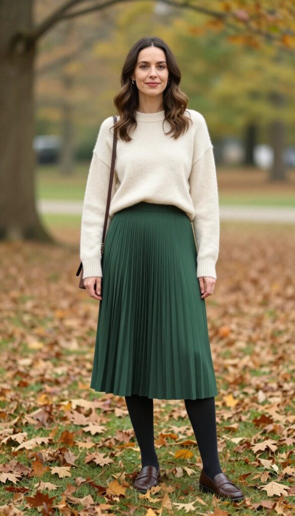 9. Cashmere Sweater + Pleated Skirt + Tights
