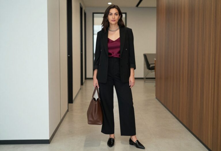 Woman in corp goth outfit: black blazer, burgundy camisole, wide-leg trousers, loafers, in office hallway.