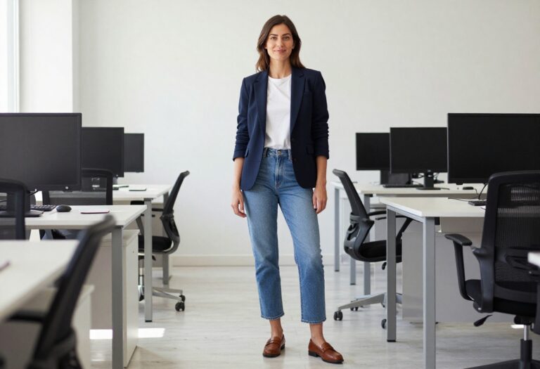 Woman in navy blazer, white tee, and straight-leg jeans standing in an office