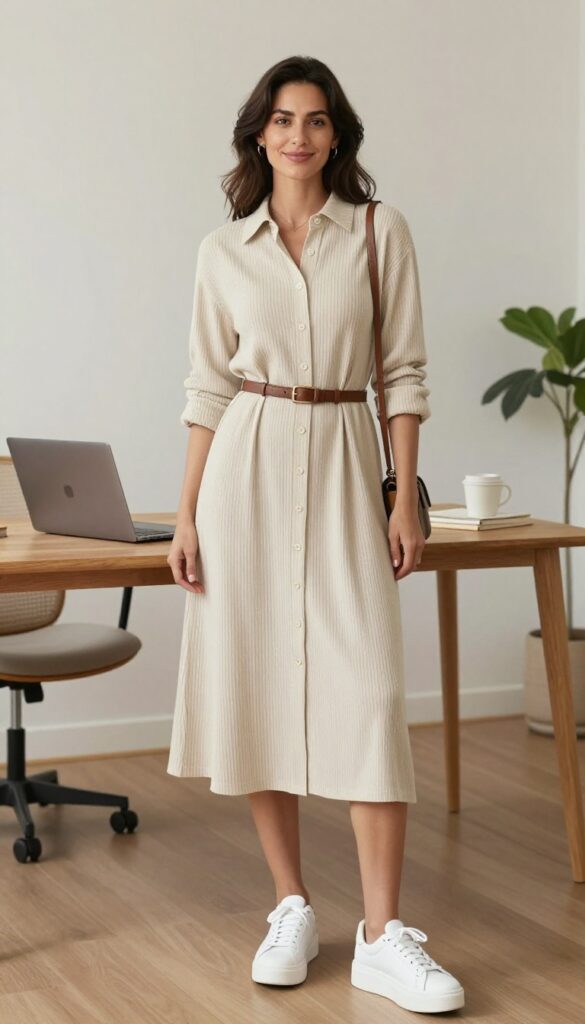 13. Button-Front Knit Dress with Sneakers