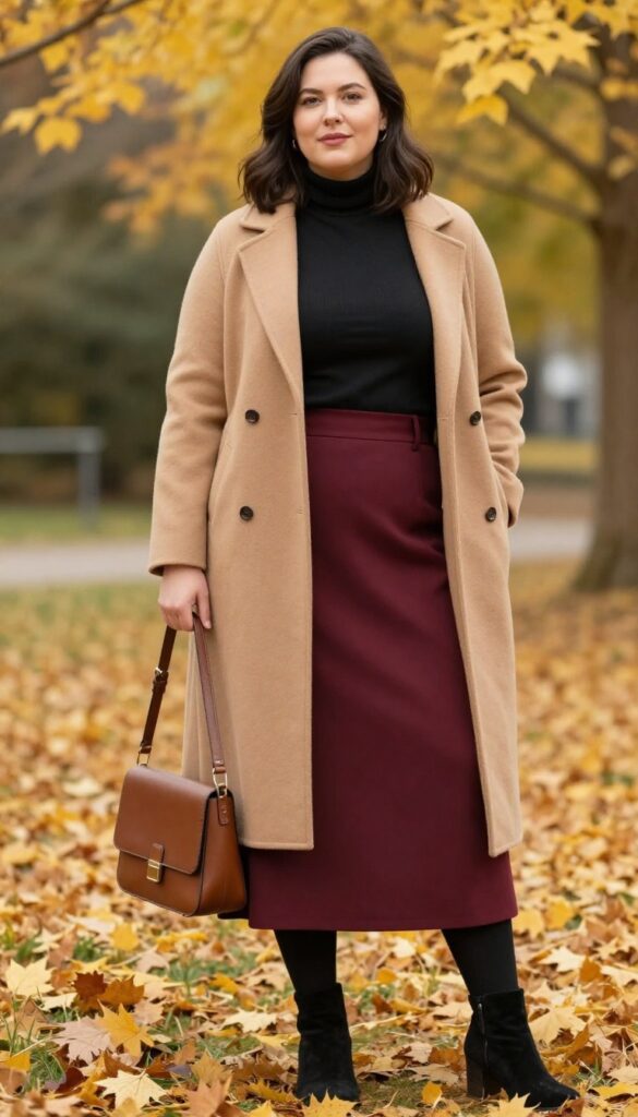 13. Wool Coat + Midi Skirt + Turtleneck + Tights + Heeled Boots