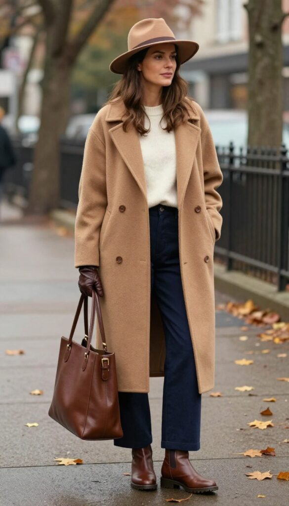 12. Wool Coat with Cashmere Sweater and Wide-Leg Trousers