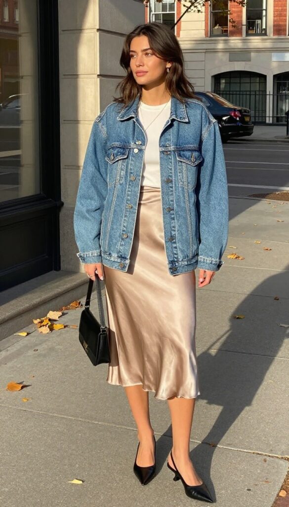 3. Oversized Denim Jacket with a Slip Skirt and Kitten Heels