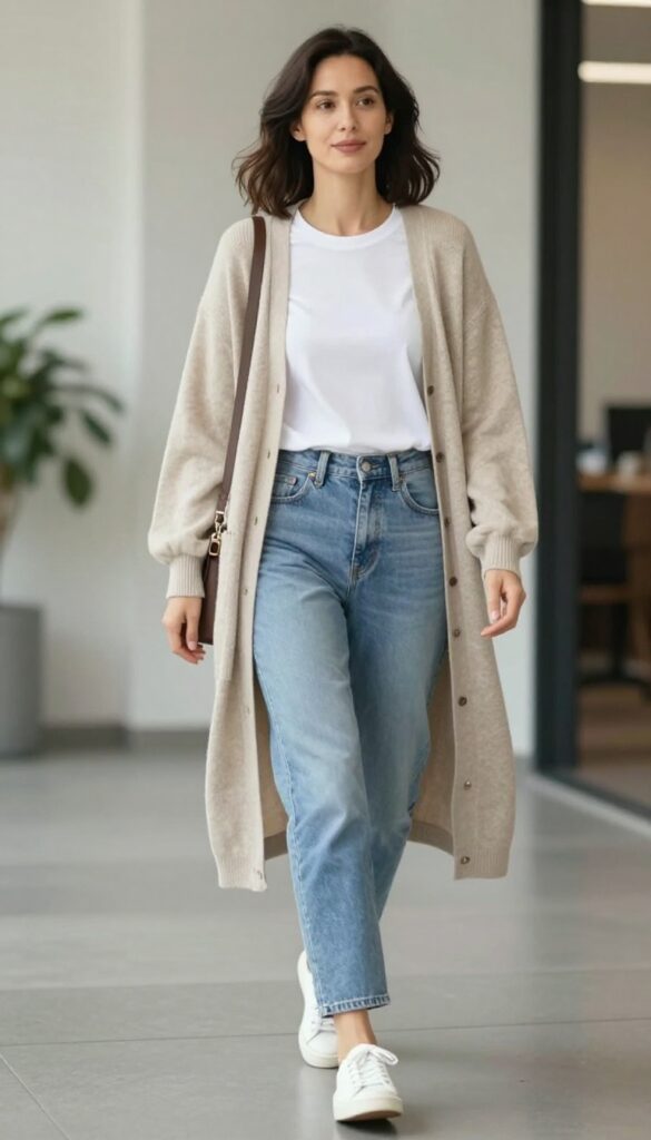 12. Long Cardigan + T-Shirt + Cropped Jeans + Sneakers