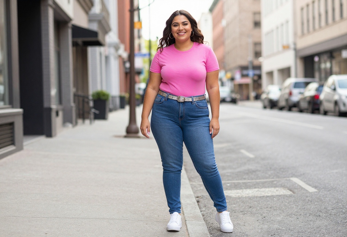 Plus size woman in 2000s outfit with baby tee and low-rise bootcut jeans