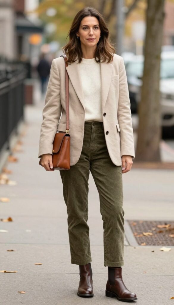 12. Beige Blazer + Cashmere Sweater + Corduroy Pants + Chelsea Boots