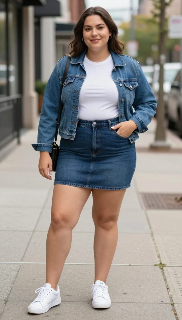 1. Denim Mini Skirt with a Fitted Tee and Sneakers