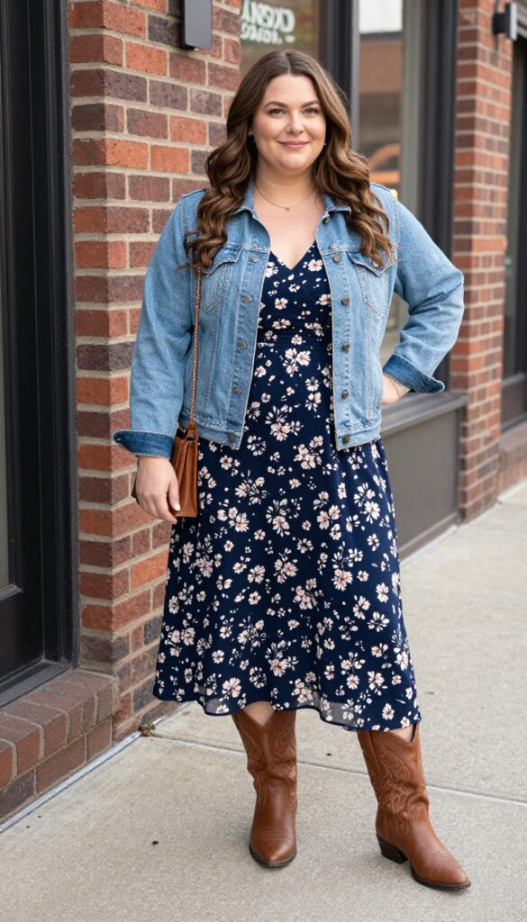 1. Classic Cowgirl: Denim Jacket + Floral Midi Dress + Cowboy Boots