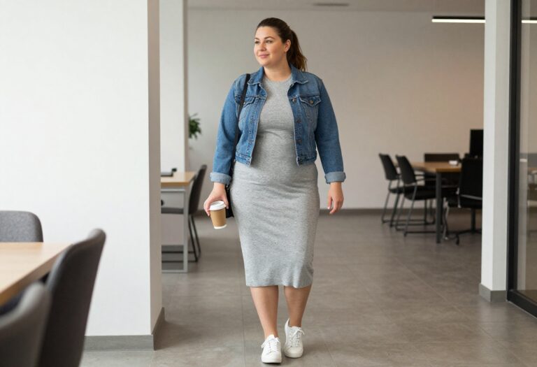 Plus size woman in casual work outfit with knit dress and denim jacket in office lobby