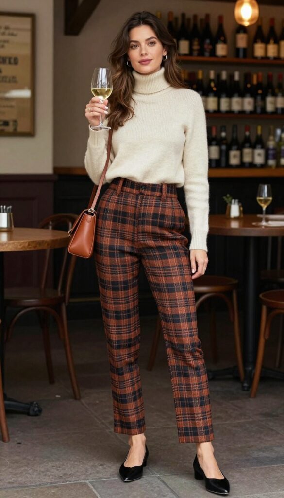 7. Plaid Trousers + Turtleneck + Pointed Flats