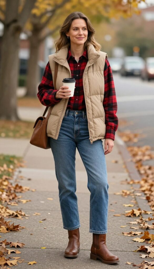 13. Puffer Vest + Flannel + Jeans + Bean Boots