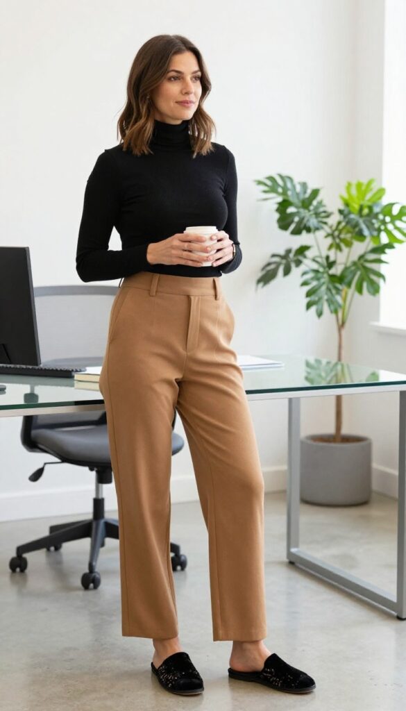 3. Wide-Leg Pants with a Fitted Turtleneck and Smoking Slippers