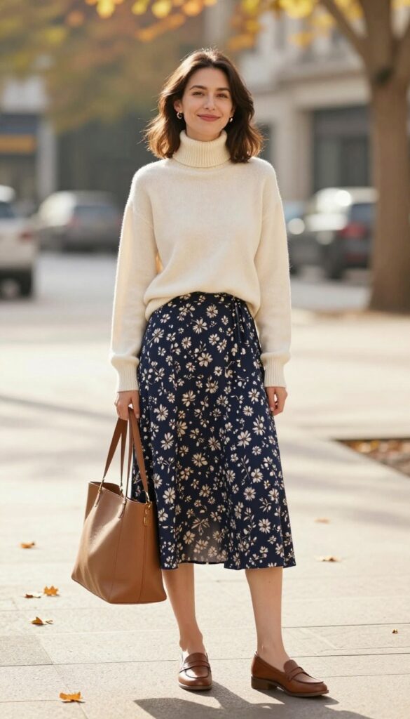 9. Cashmere-Blend Turtleneck with Midi Skirt and Loafers