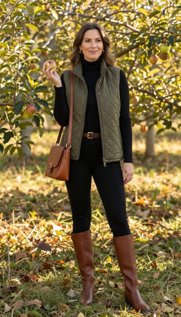12. Long Vest over a Turtleneck with Slim Pants and Riding Boots