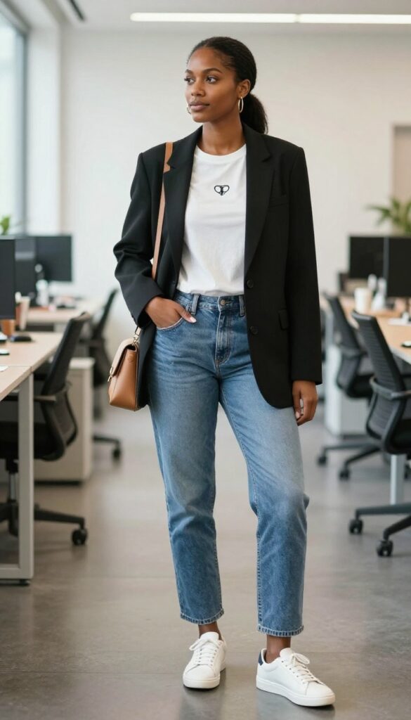 1. Blazer + Graphic Tee + Straight-Leg Jeans